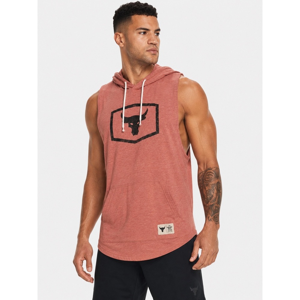Under Armour Project Rock Iron Paradise Sleeveless Hoodie XL Red Orange Heather